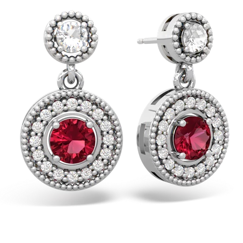white topaz-lab ruby halo earrings