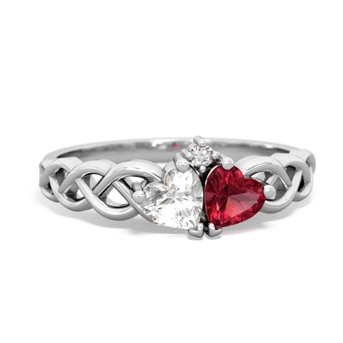 white topaz-lab ruby celtic braid ring