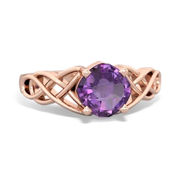 Amethyst Checkerboard Cushion Celtic Knot 14K Rose Gold ring R5000