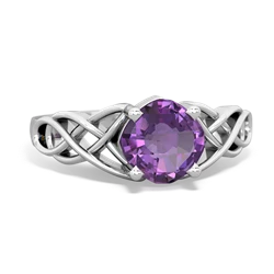 Amethyst Checkerboard Cushion Celtic Knot 14K White Gold ring R5000