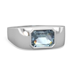 Aquamarine Men's Emerald-Cut Bezel 14K White Gold ring R0410