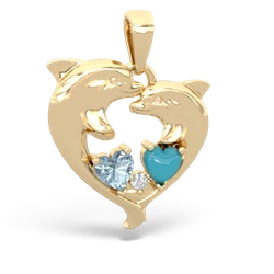 Aquamarine Dolphin Heart 14K Yellow Gold pendant P5820
