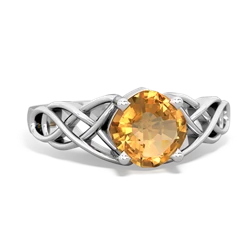 Citrine Checkerboard Cushion Celtic Knot 14K White Gold ring R5000