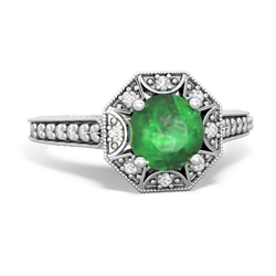 Emerald Art-Deco Starburst 14K White Gold ring R5520