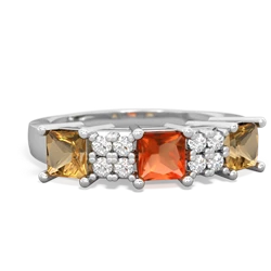 Fire Opal Three Stone Diamond Cluster 14K White Gold ring R2592