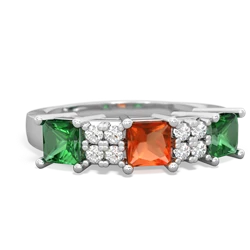 Fire Opal Three Stone Diamond Cluster 14K White Gold ring R2592