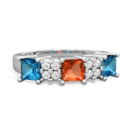 Fire Opal Three Stone Diamond Cluster 14K White Gold ring R2592