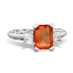 Fire Opal Art Deco Diamond 8X6 Emerald-Cut Engagement 14K White Gold ring R20018EM