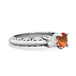 Fire Opal Art Deco Diamond 6Mm Round Engagment 14K White Gold ring R2003