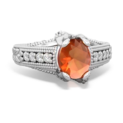 Fire Opal Antique Style Milgrain Diamond 14K White Gold ring R2028