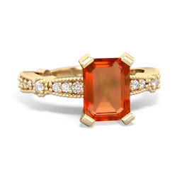 Fire Opal Sparkling Tiara 8X6 Emerald-Cut 14K Yellow Gold ring R26298EM