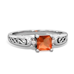 Fire Opal Filligree Scroll Square 14K White Gold ring R2430