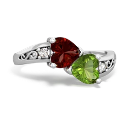 Garnet Snuggling Hearts 14K White Gold ring R2178