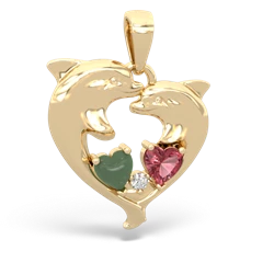 Jade Dolphin Heart 14K Yellow Gold pendant P5820