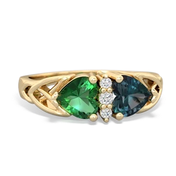 Lab Emerald Celtic Knot Double Heart 14K Yellow Gold ring R5040