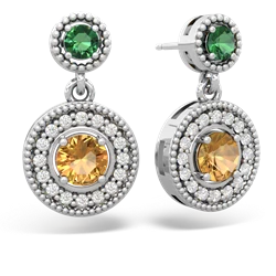 Lab Emerald Halo Dangle 14K White Gold earrings E5319