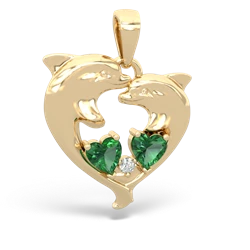 Lab Emerald Dolphin Heart 14K Yellow Gold pendant P5820