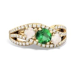 Lab Emerald Three Stone Aurora 14K Yellow Gold ring R3080