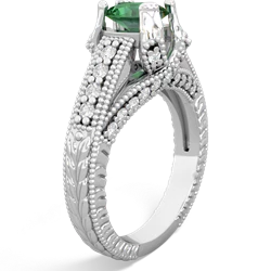 Lab Emerald Antique Style Milgrain Diamond 14K White Gold ring R2028