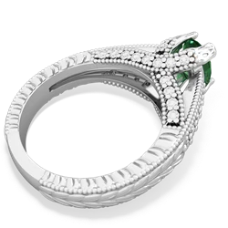 Lab Emerald Antique Style Milgrain Diamond 14K White Gold ring R2028