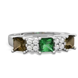 Lab Emerald Three Stone Diamond Cluster 14K White Gold ring R2592