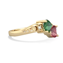 Lab Emerald Snuggling Hearts 14K Yellow Gold ring R2178