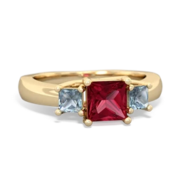 Lab Ruby Three Stone Trellis 14K Yellow Gold ring R4015