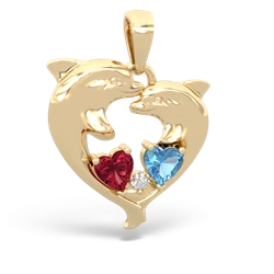 Lab Ruby Dolphin Heart 14K Yellow Gold pendant P5820