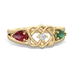 Lab Ruby Hearts Intertwined 14K Yellow Gold ring R5880