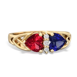 Lab Ruby Celtic Knot Double Heart 14K Yellow Gold ring R5040