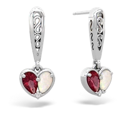 Lab Ruby Filligree Heart 14K White Gold earrings E5070