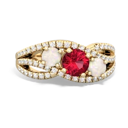 Lab Ruby Three Stone Aurora 14K Yellow Gold ring R3080