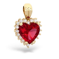 Lab Ruby Sparkling Halo Heart 14K Yellow Gold pendant P0391