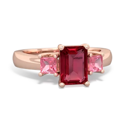 Lab Ruby Three Stone Emerald-Cut Trellis 14K Rose Gold ring R4021