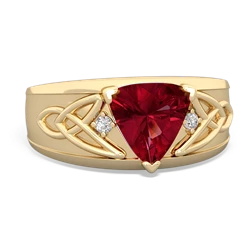 Lab Ruby Celtic Trinity Knot Men's 14K Yellow Gold ring R0440