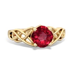 Lab Ruby Checkerboard Cushion Celtic Knot 14K Yellow Gold ring R5000
