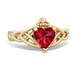 Lab Ruby Claddagh Celtic Knot Diamond 14K Yellow Gold ring R5001
