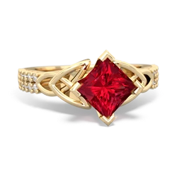 Lab Ruby Celtic Knot 6Mm Princess Engagement 14K Yellow Gold ring R26446SQ