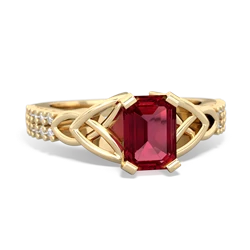 Lab Ruby Celtic Knot 7X5 Emerald-Cut Engagement 14K Yellow Gold ring R26447EM