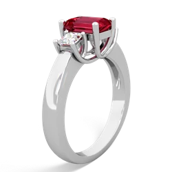 Lab Ruby Diamond Three Stone Emerald-Cut Trellis 14K White Gold ring R4021