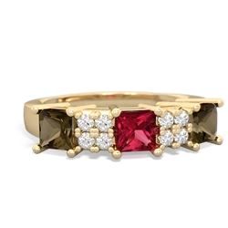 Lab Ruby Three Stone Diamond Cluster 14K Yellow Gold ring R2592