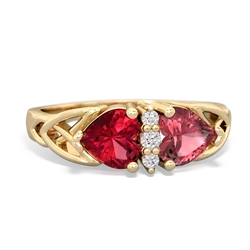 Lab Ruby Celtic Knot Double Heart 14K Yellow Gold ring R5040