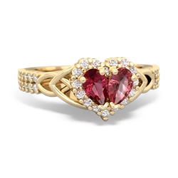 Lab Ruby Celtic Knot Two Hearts As One 14K Yellow Gold ring R2644HRT