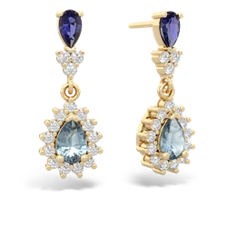 Lab Sapphire Halo Pear Dangle 14K Yellow Gold earrings E1882