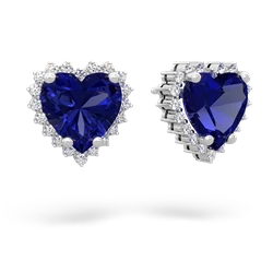 Lab Sapphire Sparkling Halo Heart 14K White Gold earrings E0391