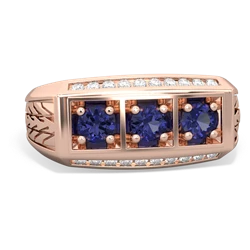 Lab Pink Sapphire Three Stone Tire Tread Men's 14K Rose Gold ring R0520