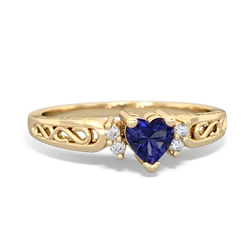 Lab Sapphire Filligree Scroll Heart 14K Yellow Gold ring R2429