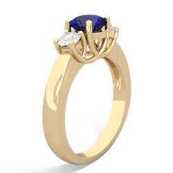 Lab Sapphire Diamond Three Stone Round Trellis 14K Yellow Gold ring R4018