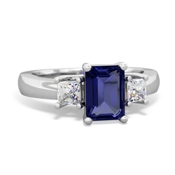 Lab Sapphire Diamond Three Stone Emerald-Cut Trellis 14K White Gold ring R4021