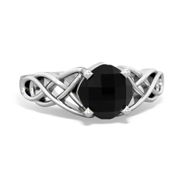Onyx Checkerboard Cushion Celtic Knot 14K White Gold ring R5000